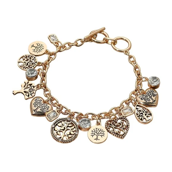 Tree of Life Charm Bracelet Gold Tone Toggle Closure Bezel Stones 7.5" - Picture 2 of 2